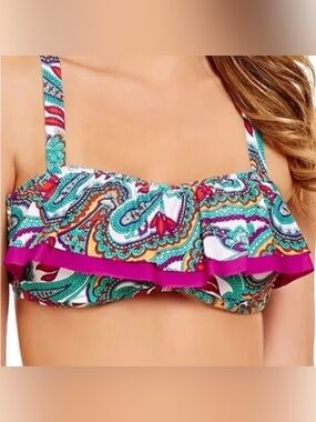 Alex Marie Ruffled Paisley Bikini Top in Teal & Fuchsia